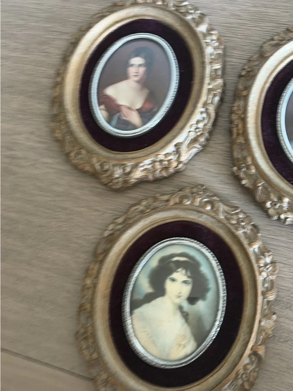 Set of 3 Vintage Oval Portrait Wall Plaques - Gold Frames with Burgundy Velvet